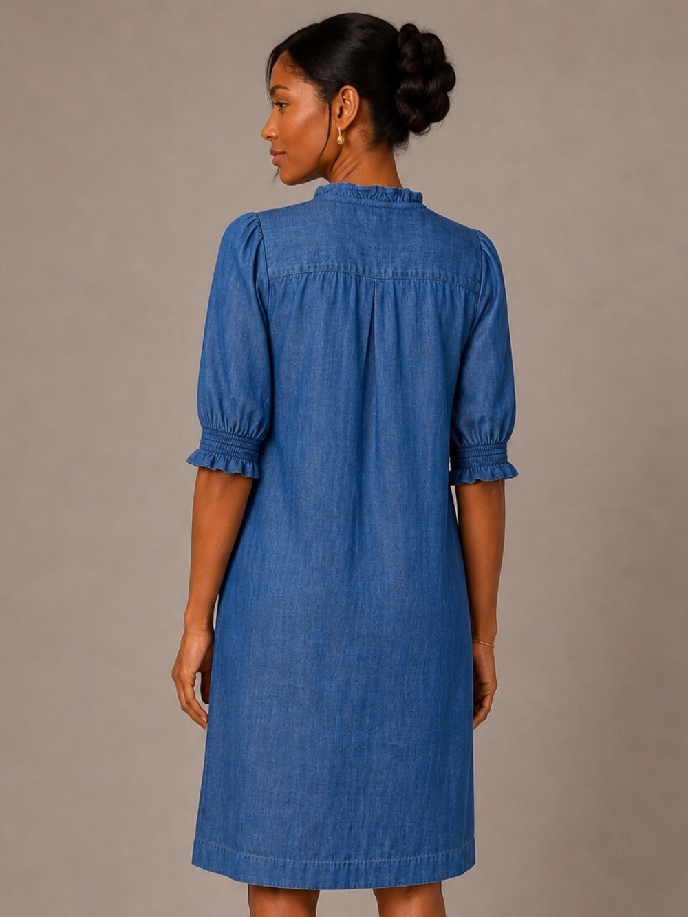 Talbots Chambray Tencel Shift Dress Blue Ruffle Sleeve Size L NWT - Picture 2 of 14